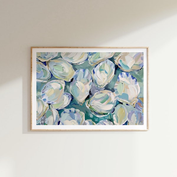 Ostryga, jasnoniebieski obraz z muszlą, sztuka ścienna w stylu nadmorskim