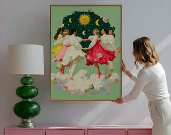 Colorful Celestial Circle Dance Wall Art Print | Sage Green Spiritual Bedroom Decor | Vintage Folk Art Illustration Gift for Meditation Room