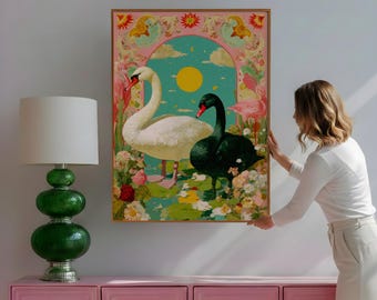 Schwarzer Schwan White Swan Wall Art | Skurril Art Deco Druck | Vintage Neon Pink Dekor | Surreales Spielkarten Kunstwerk | Eklektische Wohnkultur