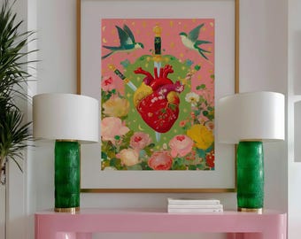 Trendy Colorful Pink Bedroom Wall Art Print | Vintage Sacred Heart Dagger Poster | Whimsical Folk Floral Art | Romantic Cottagecore Decor