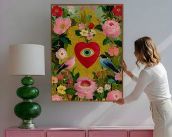 Trendy Sacred Heart Eye Wall Art Print | Vintage Bedroom Floral Mystical Printable | Romantic Cottagecore Decor Gift for Spiritual Art Lover