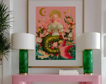 Pink Celestial Mermaid Wall Art Print | Vintage Cottagecore Fantasy Sea Goddess Poster | Whimsical Ocean Nursery Bedroom Decor for Girl