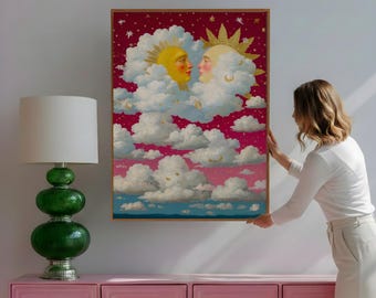 Colorful Pink Sun and Moon Wall Art Print | Celestial Bedroom Decor Pink Gold | Vintage Baroque Bohemian Wall Art Gift for Nursery Room