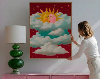 Colorful Sun and Moon Wall Art Print | Vintage Celestial Cloud Illustration | Whimsical Bedroom Decor for Romantic Cottagecore Interiors