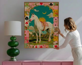 Mystical Colorful Pink Bedroom Wall Art Print | Vintage White Horse Poster | Whimsical Circus Art for Nursery & Dreamy Cottagecore Decor