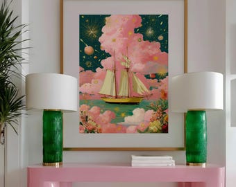 Celestial Nursery Sailing Ship Wall Art Print | Whimsical Bohemian Pink Galaxy Bedroom Decor | Vintage Art Deco Star Map Illustration Gift