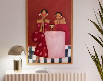 Martinimeisjes kunstafdruk | Espresso martini kunst aan de muur | Lucky Girl esthetische print | Eigenzinnig roodroze bardecor | Trendy maximalistische muurkunst