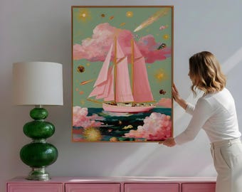 Trendy Colorful Celestial Sailing Ship Wall Art Print | Boho Bedroom Pink Galaxy Bedroom Decor | Vintage Art Deco Star Map Illustration Gift