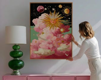 Pink Celestial Sun Moon Wall Art Print | Vintage Cottagecore Cosmic Cloud Illustration | Whimsical Nursery Bedroom Decor Dreamy Interiors
