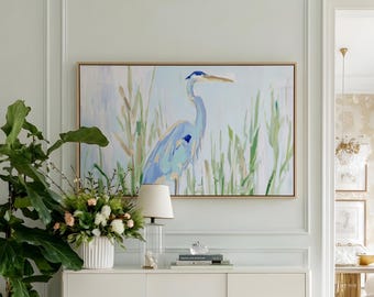 Green Blue Louisiana Egret Art Print, Lowcountry Swamp Canvas Wall Art,Southern Charleston Home Decor,Grandmillennial Vacation Home Wall Art