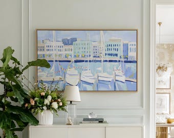 Grandmillennial Blue Yacht Marina Art Print, Nantucket Harbor Canvas Print, Nautical Vacation Home Decor, Beach House Coastal Sailing Print
