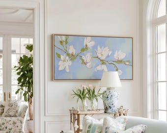 Blue Green Grandmillennial Magnolia Wall Art Print, Southern Floral Canvas Home Decor,Botanical Vacation Home Decor,Lake House Bedroom Decor