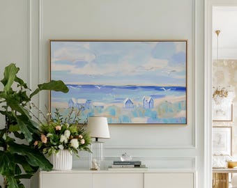 Blue Grandmillennial Cape Cod Cottage Art Print, Seaside Canvas Print, New England Beach House Decor, Vacation Home Wall Art, Bedroom Decor