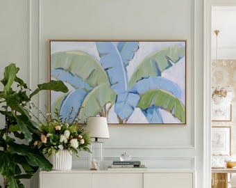 Blue Green Grandmillennial Banana Leaf Art Print,Tropical Botanical Canvas Print,Beach House Botanical Decor,Vacation Home Art,Resort Decor