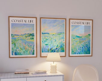 Set van 3 schilderijen met een zomers moeraslandschap, wanddecoratie in de stijl van de Carolina Lowcountry, pastelkleurige kustposters, decoratie in landelijke stijl