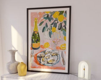 Oysters and Champagne Art Print, Still Life Painting, Foodie Wall Art