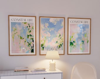 Pastel Abstract Painting Set of 3 Prints, Coastal Blue Green Bedroom Print, Summer House Dining Room Kitchen Printable, Beach Vibe Decor