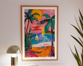 Tropical Beach Painting Print, Palm Tree Seascape Art, Colorful Coastal Wall Decor