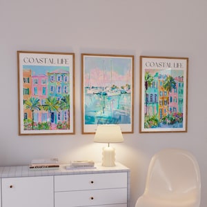 Pastel City Escape Wall Art, Sailboat Travel Set of 3 Paintings, Blue Green Coastal Wall Decor, Beach House Printable,Summer Ocean Landscape