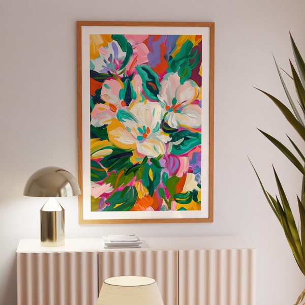 Kolorowy wystrój, maksymalistyczna sztuka ścienna, duńskie pastelowe wydruki ścienne, eklektyczna sztuka ścienna z dopaminą, maksymalistyczna dekoracja ścienna, nadruk z tropikalnymi kwiatami