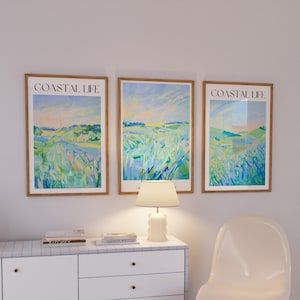 Summer Marsh Landscape Set of 3 Paintings, Carolina Lowcountry Wall Decor, Pastel Coastal Waterway Printable Coastal Posters,Farmhouse Decor