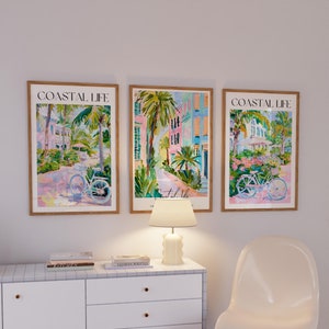 Pastel City Escape Set of 3 Paintings, Pink and Green Print, Charleston Landscape, Coastal Beach House Printable, Teenage Beach Prints