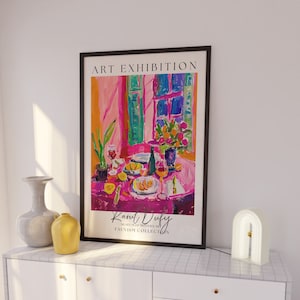 鮮やかな抽象的なワインのプリント、バーカートアート、アンリ・マティスにインスパイアされた絵画、マキシマリストのキッチンウォールアート、カラフルな室内装飾
