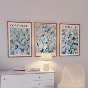 Pastel Oyster Shell Painting Set of 3 Prints, Abstract Coastal Beach House Print, Summer Dining Room Kitchen Printable, Minimalist Decor