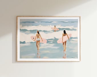 Aerial Surfer Girls Painting, Preppy Coastal Ocean Art Print, Coquette Pink Blue Summer Beach Poster, Minimalistic Beachy Wall Decor,