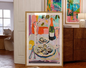Oysters and Champagne Art Print, Colorful Still Life Painting, Modern Kitchen Wall Decor