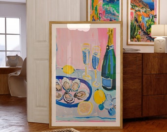 Restaurant Wine Sea Food Prints, Oysters Lemons Kitchen Decor, Food Art Print, Oyster Club, Champagne Print,Dining Room Decor,Bar Cart Print