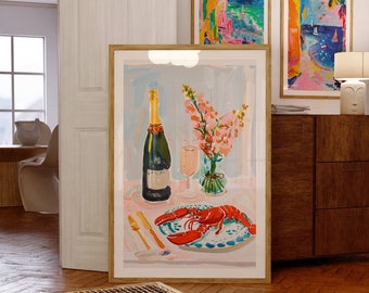 Lobster Poster, 70s Poster, Food Print, Red Wall Art, Kitchen Wall Art, Summer House Poster, Psychedelic Art, Trendy Retro Print, Trippy Art