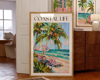 Coastal Printable, Pink Beach with Palms City Set of 3 Prints, Minimalist Wall Art, Preppy Summer House Poster, Cottage Prints Vintage Decor