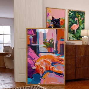 Muurdecoratie oranje kat, abstract schilderij Matisse, maximalistische muurkunst, eclectisch huisdecor, preppy kitscherige esthetiek, grappig appartementdecor