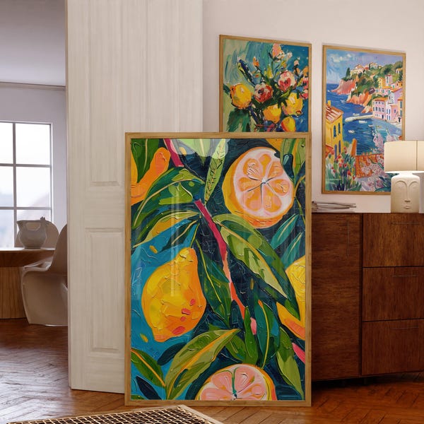 Modny nadruk z motywem cytryn i kwiatów Matisse'a, żywe cytrusowe dekoracje ścienne, wystrój kuchni w stylu fowistycznym, eklektyczny nadruk artystyczny w barze, kolorowe dzieła sztuki do jadalni