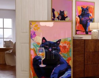 May include: Three framed paintings of black cats with colorful backgrounds. The cats are depicted in a relaxed pose, holding a glass of wine. The paintings are in a modern style and would be a great addition to any home decor.