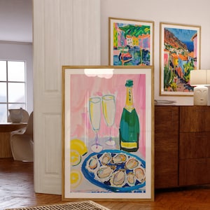 Oyster Seafood Bar Cart Prints, Girly Pink Champagne Print, Dekoracja jadalni, Francuskie wino Print, Nowoczesna sztuka kuchenna, Dekoracja restauracji Print Decor