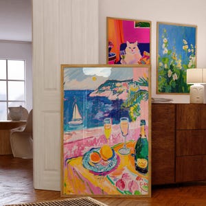 Eklektyczna sztuka ścienna Oyster Champagne, wydruk na wózku barowym, wystrój kuchni, sztuka ścienna w stylu nadmorskim, obraz Matisse'a w stylu Mid-Century Beach House