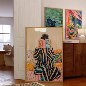 Lámina artística de ratón de biblioteca Y2K, decoración de pared colorida y nerd, pintura ecléctica para el hogar, póster para dormitorio de amantes del café, arte femenino para dormitorio en rosa y amarillo.