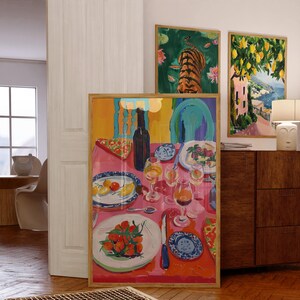 Lámina maximalista de comida y vino mediterráneos, pintura colorida de Matisse, decoración kitsch para comedor, arte de pared retro para cocina, decoración ecléctica para el hogar
