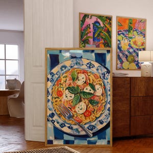 Pôsteres de massas para jantar eclético, decoração com estampas de cozinha italiana, estampas de comida, decoração de cozinha moderna, pintura no estilo Matisse, arte de parede maximalista