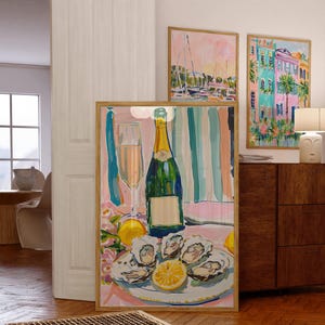 Trendy Oyster Lemon Wall Art, Pink Pastel Kitchen Decor, Champagne Painting, French Bistro Print, Bar Cart Print, Retro Kitchen Decor