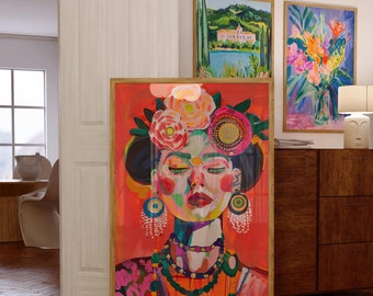 May include: A colorful painting of a woman with her eyes closed. She is wearing a flower crown and a beaded necklace. The background is a bright orange.