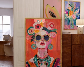 Maximalist Woman Portrait Art Print, Vibrant Red Pink Home Decor, Abstract Matisse Painting, Bold Eclectic Home Decor, Preppy Kitsch Poster