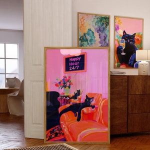 Lámina artística de gato de la hora feliz en rosa neón, pintura para amantes de los gatos, decoración maximalista del hogar, póster surrealista de Matisse, colores vibrantes, decoración de dopamina