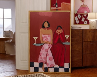 Neo-deco Martini-kunstprint voor meisjes | Espresso martini kunst aan de muur | Art-decoprint Lucky Girl | Eigenzinnig bardecor | Trendy maximalistische muurkunst