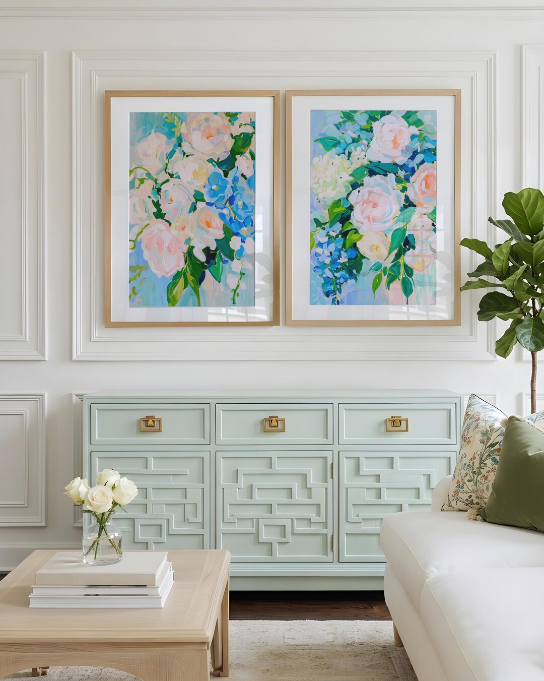 Botanical Set of 2 Floral Wall Art Prints | White Roses Blue Orchid ...