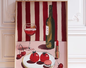 Impresión artística de comida mediterránea / Póster de bodegón de cocina kitsch