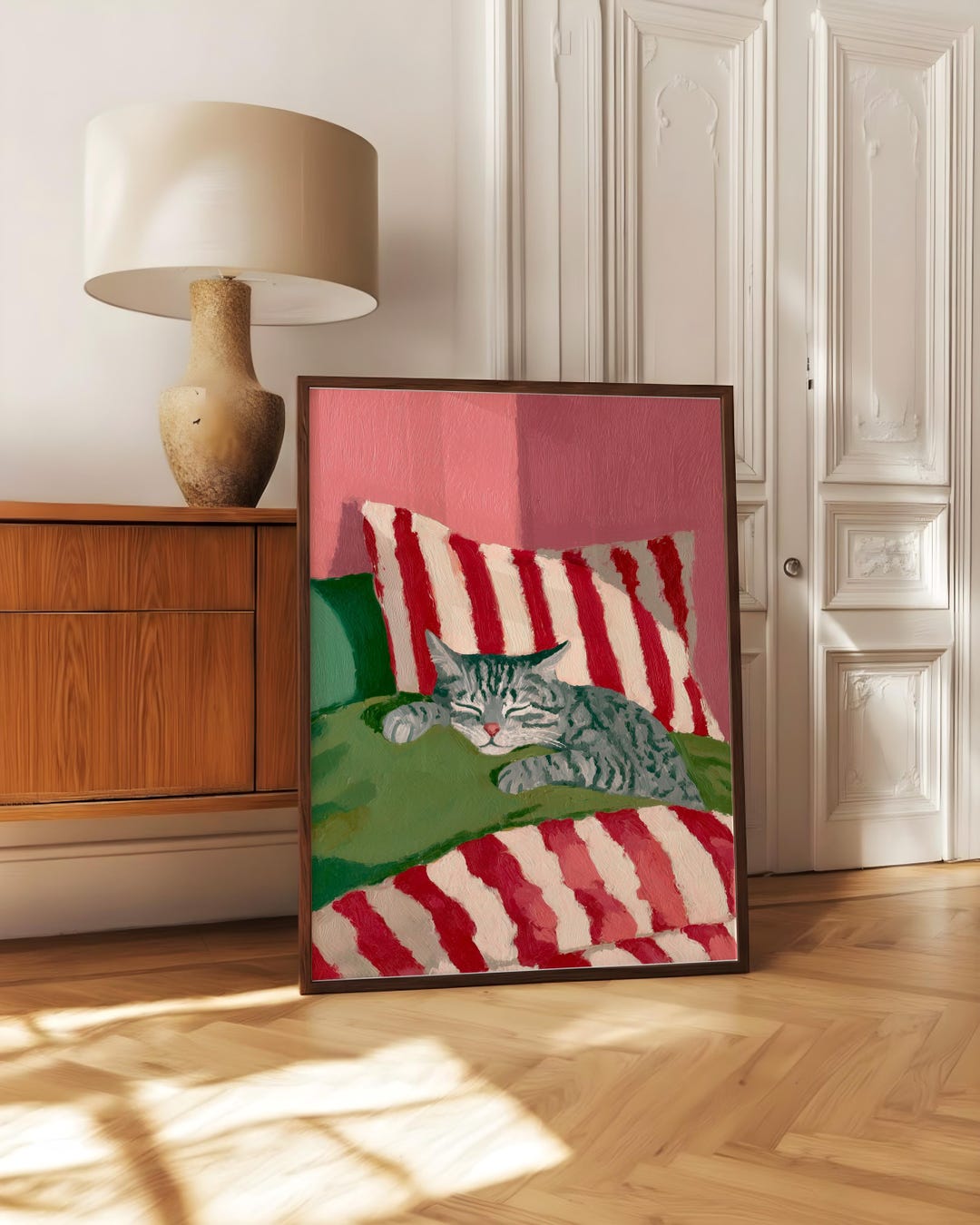 Striped Tabby Cat Wall Art Print | Dorm Sleeping Cat Painting ...