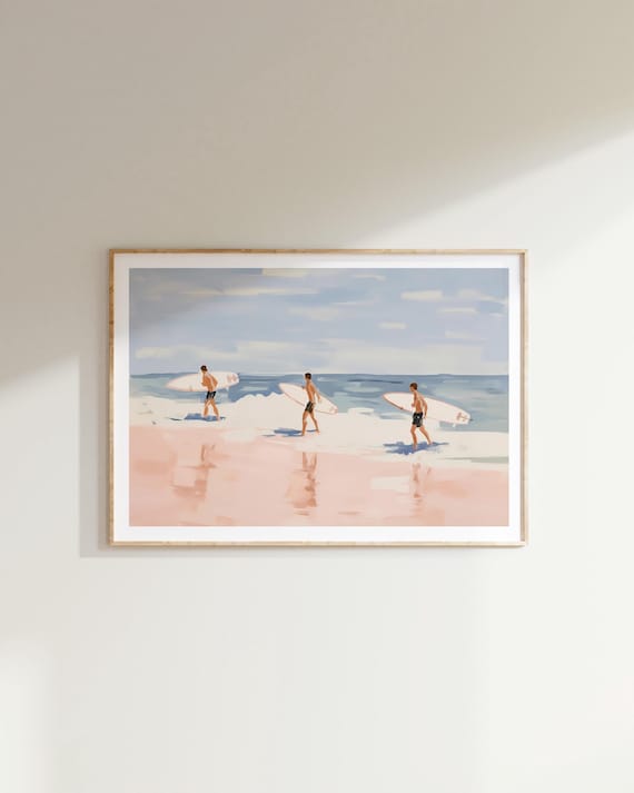 Pink Surfer Girls Beach Poster, Blue Retro Coastal Summer Art, Whimsical Pastel Wall Decor, Teen Dorm Print, Pastel Fun Beach House Decor